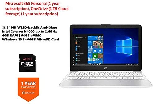 HP Stream 11.6" HD (1366 x 768) SVA anti-glare WLED-backlit Laptop, Intel Celeron N4000 up to 2.6GHz, 4GB DDR4, 64GB eMMC, Wi-Fi 5, Bluetooth, Webcam, USB-C, HDMI, Windows 10 S, 64GB ABYS MicroSD Card - Product Image