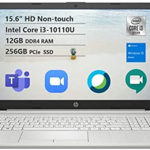 2021 Newest HP 15 Budget Laptop Notebook, 15.6″ HD BrightView Display, i3-10110U, 12GB DDR4 RAM, 256GB SSD, Webcam, WiFi, Bluetooth, Windows 10, Natural Silver