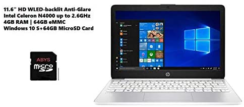 HP Stream 11.6" HD (1366 x 768) SVA anti-glare WLED-backlit Laptop, Intel Celeron N4000 up to 2.6GHz, 4GB DDR4, 64GB eMMC, Wi-Fi 5, Bluetooth, Webcam, USB-C, HDMI, Windows 10 S, 64GB ABYS MicroSD Card - Product Image
