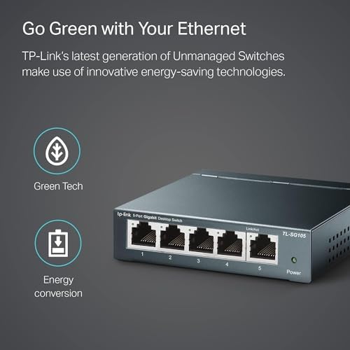 TP-Link TL-SG105, 5 Port Gigabit Unmanaged Ethernet Switch, Network Hub, Ethernet Splitter, Plug & Play, Fanless Metal Design, Shielded Ports, Traffic Optimization,Navy Blue - Product Image