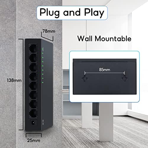8 Port Gigabit Ethernet Switch|Desktop/Wall-Mount|Plug & Play| Fanless |Metal Housing|Fanless Design|Desktop Ethernet Splitter|Quiet Unmanaged Network Switch - Product Image