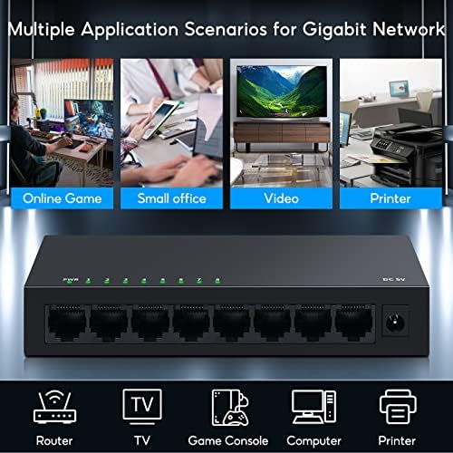 8 Port Gigabit Ethernet Switch|Desktop/Wall-Mount|Plug & Play| Fanless |Metal Housing|Fanless Design|Desktop Ethernet Splitter|Quiet Unmanaged Network Switch - Product Image
