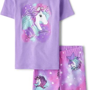 The Children’s Place Girls’ 100% Cotton Sleeve Top and Shorts,2 Piece Pajama Set